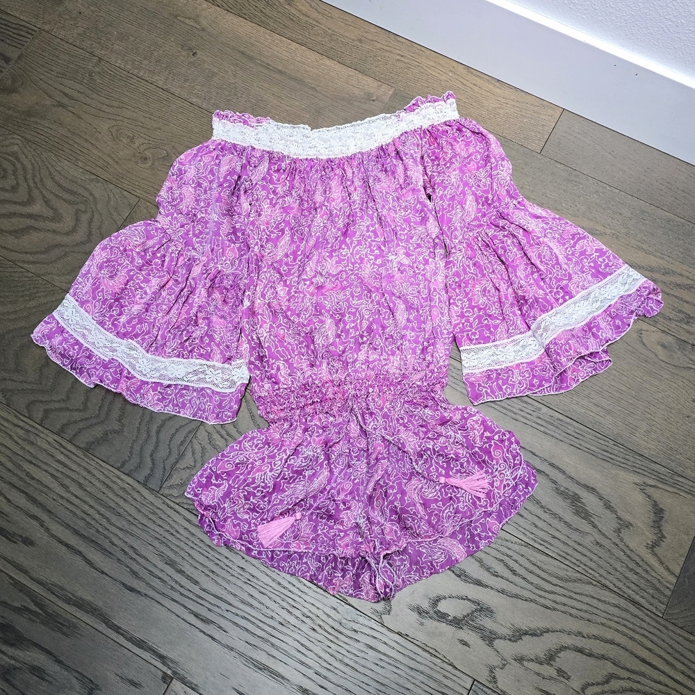 Poupette St. Barth Silk Lace 3/4 Flare Sleeve Romper in Pink Paisley